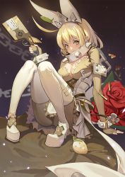 Rule 34 | 1girl, ahoge, animal ears, belt, blonde hair, blush, boots, bracelet, breasts, bullet, chain, cleavage, cleavage cutout, clothing cutout, clover, collar, elphelt valentine, fake animal ears, fingerless gloves, flower, food, four-leaf clover, fruit, gloves, guilty gear, guilty gear xrd, gun, hair between eyes, high heel boots, high heels, highres, holding, holding weapon, huge ahoge, jewelry, large breasts, looking at viewer, medium hair, night, night sky, rabbit ears, red flower, red rose, rose, seinen, shotgun shell, sitting, sky, smile, solo, spiked bracelet, spiked collar, spikes, strawberry, weapon, yellow eyes