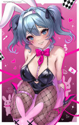Rule 34 | 1girl, animal ears, bare shoulders, black leotard, black ribbon, blue eyes, blue hair, blush, bow, breasts, card, clothing cutout, cutout above navel, detached collar, fake animal ears, fishnet pantyhose, fishnets, hair ornament, hair ribbon, hairband, hatsune miku, heart, heart cutout, heart in eye, high heels, highres, large breasts, leotard, looking at viewer, necktie, pantyhose, parted lips, patreon logo, patreon username, pink background, pink bow, pink necktie, playboy bunny, playing card, rabbit ears, rabbit hair ornament, rabbit hole (vocaloid), ribbon, ryuuneart, smile, spaghetti strap, symbol in eye, teardrop facial mark, teeth, vocaloid, white hairband, x hair ornament