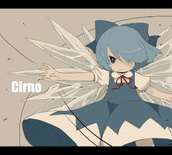 Rule 34 | 1girl, bad id, bad pixiv id, blue eyes, blue hair, bow, cirno, dress, female focus, hair bow, hair over one eye, letterboxed, matching hair/eyes, mousou youjo, outstretched arm, short hair, solo, touhou, wings