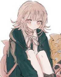 Rule 34 | 1girl, backpack, bag, black shirt, blush, closed mouth, collared shirt, danganronpa (series), danganronpa 2: goodbye despair, flipped hair, grey shirt, hair ornament, highres, hood, hood down, jacket, long sleeves, medium hair, nanami chiaki, neck ribbon, no hair ornament, nocoyaki, pink bag, pink eyes, ribbon, shirt, shoes, unworn shoes, solo, two-tone shirt, white background