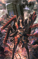 Rule 34 | 1girl, armor, bad id, bad pixiv id, bikini, black hair, blue eyes, breasts, cable, cloud, explosion, kilart, lightning, lips, machinery, machninery, original, shoulder pads, solo, swimsuit, weapon, wire