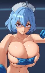 Rule 34 | ajidot, angry, blue gloves, blue hair, breasts, gloves, grey hat, hair between eyes, hat, highres, imminent punch, large breasts, last origin, mask, mask bikini, mouth mask, nurse cap, red eyes, short hair, simple background, surgical mask, titania frost, upper body