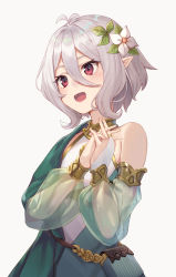 Rule 34 | 1girl, :d, antenna hair, arl, blush, bridal gauntlets, cowboy shot, detached sleeves, elf, flower, hair between eyes, hair flower, hair ornament, highres, kokkoro (princess connect!), leaf, long sleeves, open mouth, own hands together, pointy ears, princess connect!, princess connect!, red eyes, see-through, short hair, silver hair, simple background, single bare shoulder, smile, solo, two-tone dress, white background, white flower