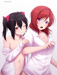 Rule 34 | 2girls, ;), artist name, black hair, bow, breasts, cleavage, collarbone, collared shirt, commentary, convenient arm, convenient censoring, english commentary, gradient background, hair between eyes, hair bow, highres, large breasts, long hair, long sleeves, looking at viewer, love live!, love live! school idol project, medium hair, multiple girls, navel, nishikino maki, off shoulder, one eye closed, open mouth, pink bow, purple eyes, red eyes, red hair, shirt, small breasts, smile, twintails, v-shaped eyebrows, white background, white shirt, yazawa nico, yuri, yuzucchiart
