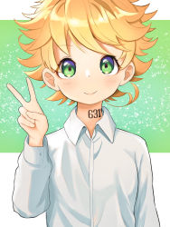 Rule 34 | 1girl, 1ssakawaguchi, ahoge, bad id, bad pixiv id, blush, collared shirt, commentary request, dotted background, emma (yakusoku no neverland), green background, green eyes, highres, long sleeves, looking at viewer, neck tattoo, number tattoo, orange hair, shirt, short hair, smile, solo, spiked hair, tattoo, two-tone background, upper body, v, white background, white shirt, yakusoku no neverland