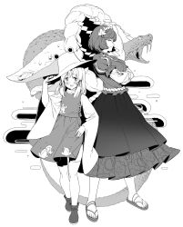 Rule 34 | 2girls, absurdres, animal print, blush, boots, breasts, commentary, crossed arms, ddal, frog print, full body, greyscale, hair ornament, hand on headwear, hand up, hat, highres, leaf hair ornament, long sleeves, looking at viewer, medium breasts, medium hair, monochrome, moriya suwako, multiple girls, open mouth, rope, sandals, shide, shimenawa, shirt, short hair, simple background, skirt, smile, snake, thighhighs, touhou, vest, white background, wide sleeves, yasaka kanako