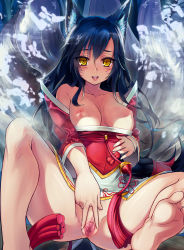 Rule 34 | 1girl, ahri (league of legends), animal ears, bad id, bad pixiv id, black hair, breasts, breasts out, clitoris, detached sleeves, facial mark, fox ears, fox tail, highres, large breasts, league of legends, long hair, looking at viewer, multiple tails, nipples, pussy, solo, spread legs, spread pussy, tail, uncensored, urethra, whisker markings, xiaoyin li