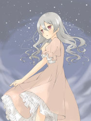 Rule 34 | 1girl, clothes grab, darker than black, dress, frilled dress, frills, hair down, hand on another&#039;s chest, hand on own chest, highres, long hair, night, night sky, pink dress, red eyes, silver hair, sky, solo, standing, star (sky), star (symbol), starry sky, tamaki iori, yin (darker than black)