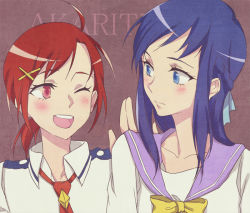 Rule 34 | 10s, 2girls, :d, bad id, bad pixiv id, blue eyes, blue hair, blush, crossover, dokidoki! precure, eye contact, hand on shoulder, hino akane (smile precure!), hishikawa rikka, long hair, looking at another, looking back, multiple girls, negom, open mouth, precure, red eyes, red hair, school uniform, short hair, smile, smile precure!, wink