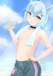 Rule 34 | 1girl, absurdres, animal ears, artist request, beach, bell, black collar, blue eyes, blue hair, blue male swimwear, blue sky, blue swim trunks, bottle, breasts, cat ears, character request, collar, collarbone, copyright request, cowboy shot, day, female focus, highres, holding, holding bottle, jingle bell, looking at viewer, male swimwear, male swimwear challenge, multicolored male swimwear, multicolored swim trunks, neck bell, no bra, ocean, open mouth, outdoors, paw print, paw print pattern, print male swimwear, print swim trunks, sand, shiny skin, single vertical stripe, sky, small breasts, solo, source request, standing, swim trunks, swimsuit, tagme, tongue, topless, towel, towel around neck, vertical-striped male swimwear, water, water bottle