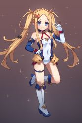 Rule 34 | 1girl, abigail williams (fate), armor, bare shoulders, black bow, blonde hair, blue eyes, blue gloves, blue leotard, blush, boots, bow, bradamante (fate), bradamante (fate) (cosplay), braid, breasts, cosplay, crown braid, elbow gloves, fate/grand order, fate (series), faulds, forehead, full body, gloves, hair bow, highleg, highleg leotard, highres, knee boots, leotard, long hair, looking at viewer, miya (miyaruta), multiple bows, orange bow, parted bangs, sidelocks, small breasts, smile, solo, thigh strap, two-tone gloves, two-tone leotard, v, white footwear, white gloves, white leotard
