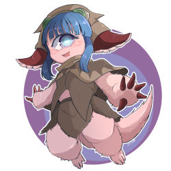 Rule 34 | 1girl, artist name, black headwear, blue pupils, blunt bangs, blush, brown capelet, brown headwear, brown shirt, brown skirt, capelet, circle, claws, colored skin, commentary, cyclops, eyes visible through hair, full body, furry, furry female, looking at viewer, made in abyss, one-eyed, open hand, open mouth, outline, pakkoyan, pink fur, pink skin, purple background, purple eyes, seto (wagon sale), shirt, short hair with long locks, sidelocks, skirt, smile, solo, tail, white background, white outline