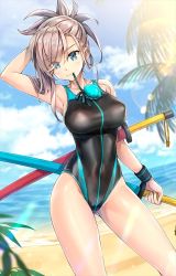 Rule 34 | 1girl, armpits, beach, black one-piece swimsuit, blue eyes, blue sky, blurry, bokeh, caustics, cloud, commentary request, competition swimsuit, contrapposto, cowboy shot, day, depth of field, dutch angle, eyes visible through hair, fate/grand order, fate (series), fingernails, hair ornament, horizon, koyuki (kotatsu358), legs apart, long fingernails, long hair, looking at viewer, messy hair, miyamoto musashi (fate), miyamoto musashi (swimsuit berserker) (first ascension) (fate), mouth hold, ocean, one-piece swimsuit, outdoors, pink hair, plant, pole, ponytail, sky, solo, standing, swimsuit, sword, thighs, weapon, wristband