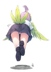 Rule 34 | ahoge, ass, bad id, bad twitter id, bird tail, bird wings, black skirt, blouse, feather hair, feathers, floating, from behind, green feathers, harpy, huge ahoge, loafers, monster girl, nucomas, panties, panty peek, pink hair, school uniform, shadow, shirt, shoe soles, shoes, signature, simple background, skirt, solo, tail, underwear, white background, white shirt, winged arms, wings, yellow feathers