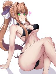 Rule 34 | 1girl, absurdres, arm support, artemitzuki, bikini, black bikini, blush, breasts, brown hair, cleft of venus, closed mouth, collarbone, covered erect nipples, crossed legs, doki doki literature club, eyebrows, eyelashes, feet out of frame, female focus, green eyes, hair ribbon, heart, highres, knees up, large breasts, leaning back, long hair, mole, mole on breast, monika (doki doki literature club), navel, ponytail, ribbon, sidelocks, simple background, sitting, smile, solo, swimsuit, white background, white ribbon