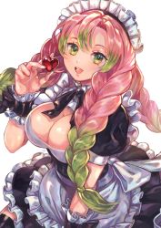 Rule 34 | 1girl, alternate costume, apron, black ribbon, black thighhighs, braid, breasts, candy, chocolate, chocolate heart, cleavage, cowboy shot, dress, enmaided, food, frilled dress, frills, green eyes, green hair, heart, highres, kanroji mitsuri, kimetsu no yaiba, large breasts, long hair, looking at viewer, maid, maid apron, maid headdress, mole, mole under eye, multicolored hair, neck ribbon, open mouth, pink hair, ribbon, short sleeves, signature, simple background, sirius xe, smile, solo, thighhighs, thighs, tri braids, two-tone hair, white background, wrist cuffs, zettai ryouiki