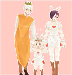 Rule 34 | 1boy, 2girls, alternate costume, animal ears, bad id, bad pixiv id, black hair, blush, boots, brown background, brown eyes, brown footwear, commentary request, facial mark, fake animal ears, fake tail, family, father and daughter, grey hair, hair over one eye, hands up, heart, heart print, heterochromia, highres, holding hands, husband and wife, kaneki ichika, kaneki ken, kirishima touka, knee boots, mother and daughter, multiple girls, open mouth, outline, purple hair, rabbit ears, rabbit tail, red eyes, short hair, short sleeves, shorts, simple background, smile, standing, tail, tokyo ghoul, tokyo ghoul:re, toukaairab, white outline, white shorts
