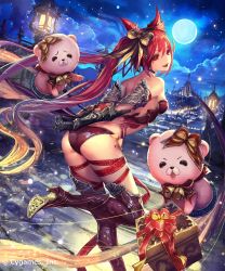Rule 34 | 10s, 1girl, animal ears, ass, bare shoulders, bell, boots, bow, castle, cerberus (shingeki no bahamut), full body, full moon, gauntlets, gift, hair bow, high heel boots, high heels, highres, lamppost, lantern, looking back, moon, night, night sky, official art, open mouth, outdoors, pink hair, red eyes, shadowverse, shingeki no bahamut, sky, solo, source request, stuffed animal, stuffed toy, tachikawa mushimaro, teddy bear, thighhighs, underwear, watermark