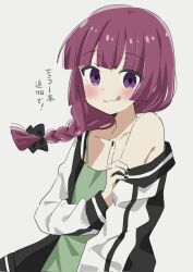 Rule 34 | 1girl, black bow, black jacket, black nails, blunt bangs, blush, bocchi the rock!, bow, braid, closed mouth, dress, fang, green dress, hair bow, hair over shoulder, highres, hiroi kikuri, jacket, long hair, long sleeves, looking at viewer, multicolored clothes, multicolored jacket, nail polish, open clothes, open jacket, purple eyes, purple hair, simple background, single braid, smile, solo, standing, tongue, tongue out, tsubaki (tatajd), two-tone jacket, upper body, white background, white jacket