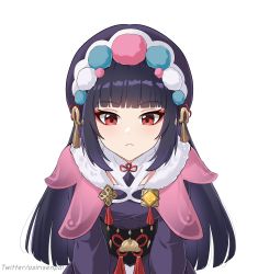 Rule 34 | 1girl, asiri senpai, black corset, blunt bangs, bonnet, capelet, chibi, corset, dress, earrings, eyeshadow, flower knot, fur collar, fur trim, genshin impact, hair ornament, hat, highres, hime cut, jewelry, leaning forward, looking at viewer, makeup, multicolored clothes, multicolored hat, open mouth, pink capelet, purple hair, purple hat, red eyes, red eyeshadow, simple background, solo, sparkling eyes, staring, tassel, tassel earrings, twitter username, upper body, vision (genshin impact), white background, yun jin (genshin impact)