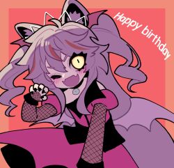 Rule 34 | 1girl, animal ears, bat wings, black choker, black corset, black nails, blush, border, brown hair, choker, claw pose, commentary request, corset, cowboy shot, dress, fangs, fingernails, fishnet sleeves, fishnets, hand up, happy birthday, indie virtual youtuber, kasukabe tsukushi, looking at viewer, low wings, marutsubo, multicolored hair, off-shoulder dress, off shoulder, one eye closed, open mouth, orange background, orange border, orange hair, pendant choker, pink dress, sharp fingernails, simple background, skin fangs, smile, solo, streaked hair, tiara, two side up, v-shaped eyebrows, virtual youtuber, wing hair ornament, wings, yellow eyes