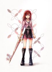 1girl alternate_costume alternate_hair_length alternate_hairstyle black_footwear black_skirt blue_eyes boots closed_mouth commentary english_commentary highres holding holding_weapon hollypolllyy jacket jewelry kairi_(kingdom_hearts) keyblade kingdom_hearts kingdom_hearts_iv lips long_hair necklace pink_jacket pink_lips simple_background skirt smile solo weapon white_background