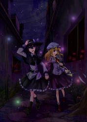 Rule 34 | 2girls, absurdres, alley, bag, belt, black hair, black skirt, blonde hair, boots, bow, breasts, capelet, chen, chen (cat), collared shirt, dress, frilled dress, frilled skirt, frills, gap (touhou), glowing, glowing eyes, holding hands, handbag, hat, hat bow, highres, holding, holding hat, ko kita, legs, light particles, long hair, long sleeves, maribel hearn, mob cap, multiple girls, nekomata, night, night sky, open mouth, orange eyes, power lines, purple dress, railing, red eyes, ribbon, ribbon-trimmed clothes, ribbon trim, shirt, short hair, short sleeves, skirt, sky, socks, star (sky), starry sky, stone, teeth, tongue, touhou, usami renko, watching, wind, window