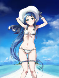 Rule 34 | 10s, 1girl, adapted costume, arm up, armpits, bikini, black gloves, blue eyes, blue hair, blush, breasts, breasts apart, cameltoe, closed mouth, cloud, collarbone, day, gloves, gluteal fold, groin, hand on headwear, hat, head tilt, kantai collection, long hair, looking away, navel, outdoors, palm tree, sailor collar, sameha ikuya, samidare (kancolle), sky, small breasts, smile, solo, standing, swimsuit, thigh strap, tree, very long hair, water, white bikini, white hat
