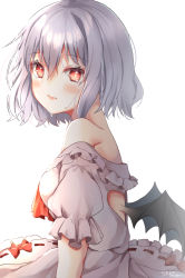Rule 34 | 1girl, artist name, bare shoulders, bat wings, blush, breasts, bright pupils, commentary request, dress, from side, hair between eyes, looking at viewer, medium breasts, no headwear, off-shoulder dress, off shoulder, red eyes, red neckwear, remilia scarlet, shiromoru (yozakura rety), short hair, signature, silver hair, simple background, solo, tears, touhou, upper body, white background, white dress, wings