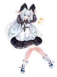 Rule 34 | 1girl, :d, animal ears, arms up, black dress, black hairband, blue eyes, boots, cheli (kso1564), copyright request, dress, fake animal ears, grey hair, hair between eyes, hairband, hand on own ear, highres, knees together feet apart, long hair, long sleeves, open mouth, outline, puffy long sleeves, puffy sleeves, pulling own ear, rabbit ears, simple background, smile, solo, star (symbol), very long hair, virtual youtuber, white background, white dress, white footwear, white outline