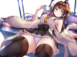 Rule 34 | 10s, 1girl, ahoge, bad id, bad pixiv id, bare shoulders, blush, boots, brown hair, cup, detached sleeves, double bun, from below, hairband, hakama, hakama skirt, japanese clothes, kantai collection, kongou (kancolle), long hair, nontraditional miko, panties, ponytail korosuke, purple eyes, ribbon-trimmed sleeves, ribbon trim, saucer, skirt, solo, teacup, thigh boots, thighhighs, underwear, upskirt, white background, white panties