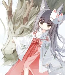 Rule 34 | 1girl, animal ear fluff, animal ears, black hair, brown eyes, chinese zodiac, closed mouth, commentary request, dutch angle, floating hair, fox mask, hakama, hakama skirt, highres, japanese clothes, kimono, long hair, long sleeves, looking at viewer, mask, mask on head, miko, original, red hakama, simple background, skirt, sleeves past wrists, solo, very long hair, white background, white kimono, wide sleeves, year of the dragon, yuuhagi (amaretto-no-natsu)