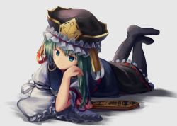 Rule 34 | 1girl, armband, bad id, bad pixiv id, black pantyhose, black skirt, blue eyes, blue vest, frilled hat, frilled skirt, frilled sleeves, frills, green hair, grey background, hat, hat ribbon, head rest, head tilt, juliet sleeves, leg lift, long hair, long sleeves, looking at viewer, lying, no shoes, on floor, on stomach, ookashippo, pantyhose, puffy sleeves, ribbon, ribbon-trimmed skirt, ribbon trim, rod of remorse, shadow, shiki eiki, simple background, skirt, smile, solo, touhou, vest