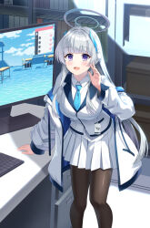 Rule 34 | 1girl, black pantyhose, blue archive, blue necktie, blunt bangs, blush, box, breasts, collared shirt, commentary request, desk, feet out of frame, grey hair, halo, hand up, highres, indoors, jacket, computer keyboard, large breasts, long hair, long sleeves, looking at viewer, lu b, mechanical halo, monitor, necktie, noa (blue archive), off shoulder, open clothes, open jacket, open mouth, pantyhose, pleated skirt, purple eyes, shirt, skirt, solo, standing, white jacket, white shirt, white skirt
