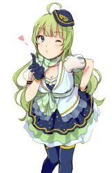 Rule 34 | 1girl, ahoge, aqua eyes, blowing kiss, blue dress, blue gloves, blue hat, blue thighhighs, blunt bangs, bow, bow choker, breasts, choker, cleavage, collarbone, commentary request, cowboy shot, dress, eyelashes, frilled dress, frilled jacket, frills, gloves, green bow, green choker, green hair, hand on own hip, hat, heart, idolmaster, idolmaster million live!, jacket, large breasts, leaning forward, light blush, long hair, looking at viewer, mini hat, o3o, one eye closed, puffy short sleeves, puffy sleeves, ribbon-trimmed jacket, see-through, see-through sleeves, shimabara elena, short dress, short sleeves, solo, striped, striped bow, striped choker, thighhighs, two-tone bow, two-tone choker, waist bow, wavy hair, white background, white bow, white choker, white jacket, witoi (roa)