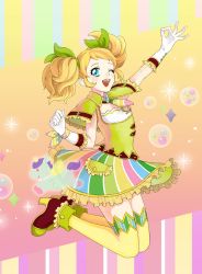 Rule 34 | 10s, 1girl, ;d, aikatsu!, aikatsu! (series), alfalfa11 8, bad id, bad pixiv id, belt, blonde hair, blue eyes, frilled skirt, frills, full body, gloves, highres, jumping, necktie, one eye closed, open mouth, outstretched arm, pocket, saegusa kii, shoes, skirt, smile, solo, striped clothes, striped necktie, striped neckwear, striped skirt, thighhighs, twintails, white gloves, yellow thighhighs