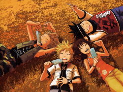 Rule 34 | 1girl, 3boys, :p, ^ ^, black hair, blonde hair, brown hair, closed eyes, field, food, hayner, ice cream, jewelry, kingdom hearts, laughing, multiple boys, olette, outstretched arms, pence, ring, roxas, tongue, tongue out, wristband