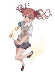 Rule 34 | 10s, 1girl, 2016, armband, bare legs, between fingers, blush, bow, brown eyes, brown hair, female focus, full body, green armband, hair bow, hair ornament, highres, holding, isshi pyuma, looking at viewer, matching hair/eyes, miniskirt, nail, on model, open mouth, red bow, school uniform, shirai kuroko, skirt, smile, solo, summer uniform, sweater vest, thigh strap, to aru kagaku no railgun, to aru majutsu no index, toaru kagaku no railgun, toaru majutsu no index, tokiwadai middle school uniform, twintails, v-neck, white background