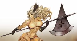 Rule 34 | 1girl, abs, amazon (dragon&#039;s crown), armor, atlus, bikini armor, black gloves, blue eyes, breasts, circlet, dom-dozz, dragon&#039;s crown, feather hair ornament, feathers, gloves, feather hair ornament, halberd, highres, huge weapon, large breasts, lips, long hair, muscular, muscular female, navel, platinum blonde hair, polearm, narrow waist, solo, thick thighs, thighs, vanillaware, weapon