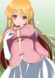 Rule 34 | 1girl, absurdres, azusa (azchemist63), blonde hair, blush, breasts, brooch, fire emblem, fire emblem: genealogy of the holy war, gloves, highres, jewelry, lachesis (fire emblem), large breasts, long hair, looking at viewer, nintendo, pink shirt, red eyes, shirt, skirt, smile, solo, white gloves, white skirt