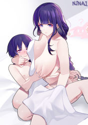 Rule 34 | 1boy, 1girl, ?, alternate eye color, animal, animal ears, artist name, bare shoulders, blanket, blue eyes, blunt bangs, blunt ends, blush, braid, breasts, closed mouth, collarbone, commentary request, completely nude, feet out of frame, fox, fox ears, fox tail, genshin impact, grabbing, grabbing another&#039;s breast, grey background, hand up, handjob, hetero, highres, incest, large breasts, long hair, looking at another, looking down, looking to the side, looking up, lying, lying on person, mother and son, multicolored eyes, ninai, nipples, no headwear, nude, on back, on stomach, parted bangs, pink eyes, pink fur, purple eyes, purple hair, raiden shogun, scaramouche (genshin impact), scaramouche (kabukimono) (genshin impact), short hair, simple background, smile, spread legs, tail, white background, white eyes, yae miko, yae miko (fox)