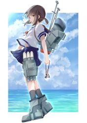 001machi 1girl absurdres adapted_turret anchor_symbol black_hair black_sailor_collar blue_sky border cloud day dog_tags fubuki_(kancolle) full_body highres kantai_collection looking_at_viewer low_ponytail machinery ocean outdoors pleated_skirt ponytail rigging rudder_footwear sailor_collar school_uniform serafuku ship_turret short_hair short_ponytail short_sleeves skirt sky smokestack solo torpedo torpedo_launcher torpedo_tubes water white_border