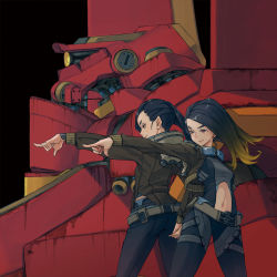 Rule 34 | 2girls, back-to-back, belt, black background, black hair, bomber jacket, catsuit, commentary, commentary request, crop top, cropped jacket, earrings, eyelashes, goggles, goggles around neck, gradient hair, highres, holding hands, jacket, jewelry, long hair, mecha, multicolored hair, multiple girls, navel, nc empire (circle), orange eyes, original, outstretched arm, pants, pointing, pointing to the side, pointy ears, ponytail, robot, simple background, stud earrings