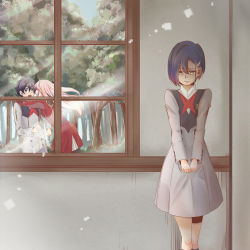 Rule 34 | 10s, 1boy, 2girls, arm over shoulder, black hair, black pantyhose, blue eyes, breasts, closed eyes, commentary request, couple, dappled sunlight, darling in the franxx, dress, forest, green eyes, grey dress, hair ornament, hairband, hairclip, hetero, highres, hiro (darling in the franxx), horns, hug, ichigo (darling in the franxx), light rays, long hair, long sleeves, military, military uniform, multiple girls, nature, necktie, oni horns, pantyhose, pink hair, red dress, red horns, red neckwear, sad, short hair, small breasts, sunbeam, sunlight, thighs, tree, uniform, white hairband, window, yraskaagaos-fp, zero two (darling in the franxx)
