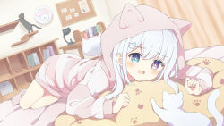 Rule 34 | 1girl, animal hood, bedroom, black cat, blue eyes, blush, book, bookshelf, bulletin board, cat, cat hair ornament, cat hood, chair, commission, curtains, desk, desk lamp, dutch angle, full body, hair between eyes, hair ornament, heterochromia, highres, hood, hood up, indoors, lamp, legs together, long hair, long sleeves, looking at animal, lying, no pants, office chair, on bed, on stomach, open mouth, original, pajamas, pillow, pink footwear, pink pajamas, purple eyes, raised eyebrows, rectangular mouth, shoes, sidelocks, skeb commission, sleeve cuffs, solo, star (symbol), star in eye, striped clothes, striped pajamas, swivel chair, symbol in eye, tyakomes, variant set, white cat, white hair