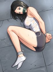 Rule 34 | 1girl, ankle socks, arms behind back, ass, bdsm, black hair, bondage, bound, bound ankles, bound wrists, breasts, dolphin shorts, feet, full body, gag, gagged, gbeeee, green eyes, greenrain, improvised gag, long hair, lying, no shoes, on side, original, rope, shirt, shorts, socks, solo, sweat, tank top, tape, tape gag, wet, wet clothes, wet shirt, white shirt