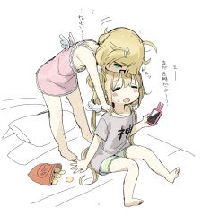 Rule 34 | 2girls, ahoge, bag of chips, bare arms, bare legs, bare shoulders, barefoot, blonde hair, blush stickers, cellphone, chips (food), closed eyes, clothes writing, collarbone, dress, fake wings, food, futaba anzu, futon, green eyes, grey shirt, hair between eyes, hair ornament, hairclip, highres, holding, holding phone, idolmaster, idolmaster cinderella girls, leaning forward, long hair, low twintails, mini wings, monochrome background, multiple girls, on bed, phone, pillow, pink dress, potato chips, profile, shirt, short dress, short shorts, short sleeves, shorts, sitting, sleeveless, sleeveless dress, spawnfoxy, standing, striped clothes, striped shorts, translated, twintails, very long hair, white wings, wings, yusa kozue