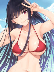 Rule 34 | 1girl, ;), arm behind head, bikini, black hair, blue sky, blunt bangs, breasts, cloud, cocq taichou, commentary request, copyright request, day, fingernails, highres, long hair, looking at viewer, mole, mole on breast, mole under eye, navel, one eye closed, red bikini, red eyes, sky, smile, solo, swimsuit, v, wet