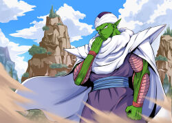 Rule 34 | 1boy, alien, blue sky, cape, closed mouth, cloud, colored skin, dougi, dragon ball, dragonball z, dust, frown, green skin, highres, male focus, mature male, mountain, muscular, muscular male, namhaekeuin, piccolo, pointy ears, sky, solo, turban, white cape