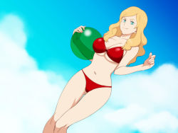 Rule 34 | 10s, 1girl, 4st injection, anna christine, aqua eyes, ball, bare arms, bare legs, bare shoulders, bikini, blonde hair, blue eyes, breasts, cleavage, collarbone, groin, holding, large breasts, legs, long hair, looking away, majin bone, nail polish, navel, outdoors, pink nails, red bikini, sky, smile, solo, standing, swimsuit, thighs